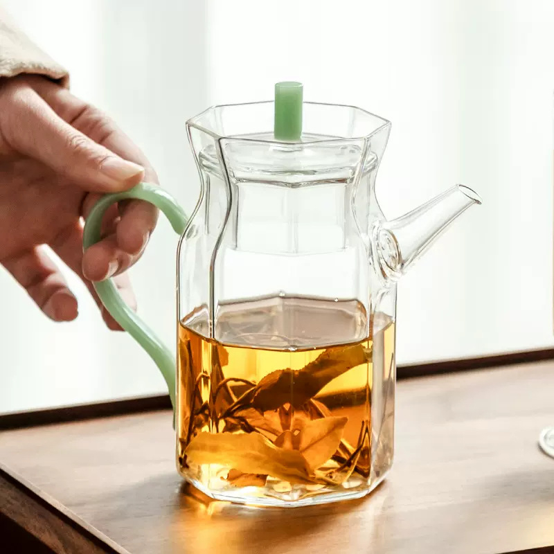 Ceainic din sticlă octagonal, în stilul Dinastiei Song, cu mâner, rezistent la temperaturi înalte, pentru ceai verde acasă și în scop comercial