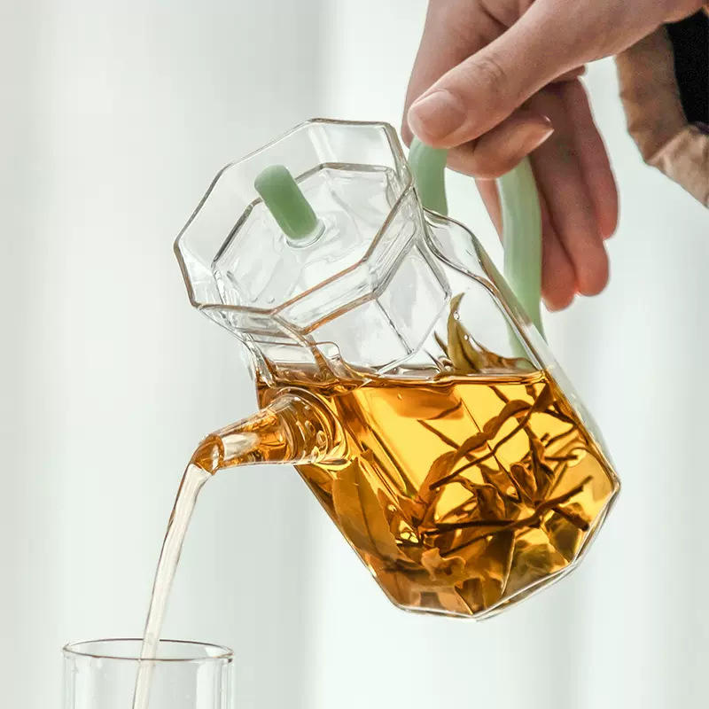 Ceainic din sticlă octagonal, în stilul Dinastiei Song, cu mâner, rezistent la temperaturi înalte, pentru ceai verde acasă și în scop comercial