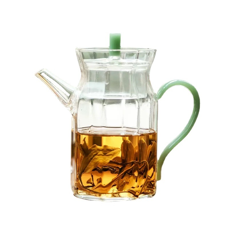 Ceainic din sticlă octagonal, în stilul Dinastiei Song, cu mâner, rezistent la temperaturi înalte, pentru ceai verde acasă și în scop comercial
