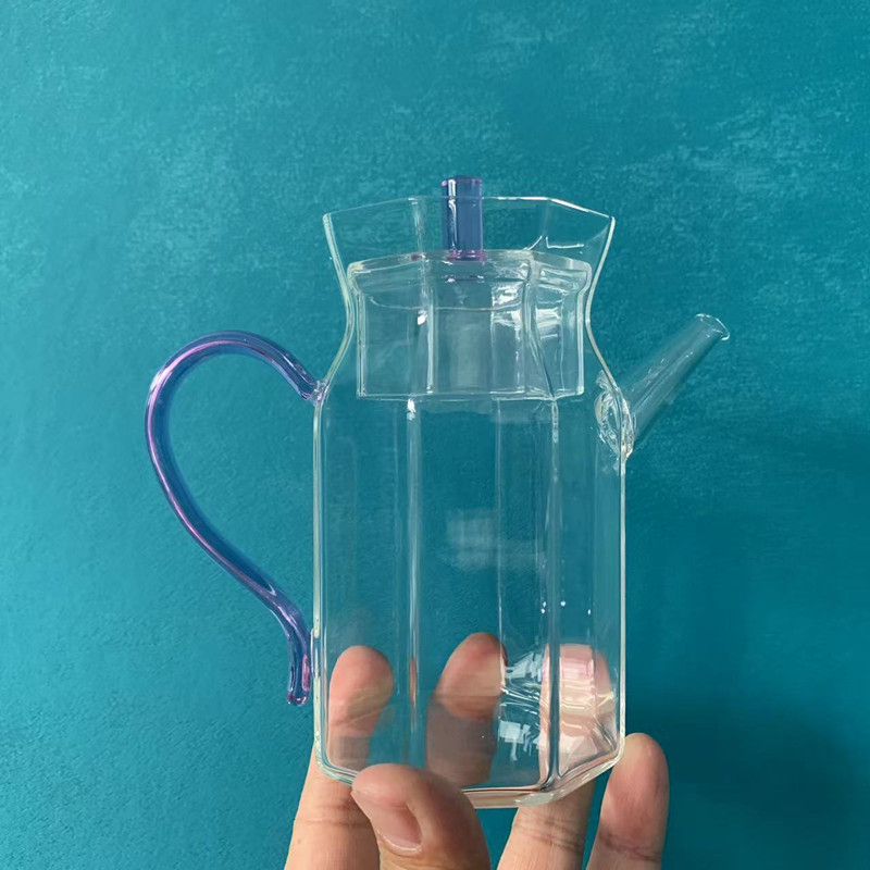 Ceainic din sticlă octagonal, în stilul Dinastiei Song, cu mâner, rezistent la temperaturi înalte, pentru ceai verde acasă și în scop comercial