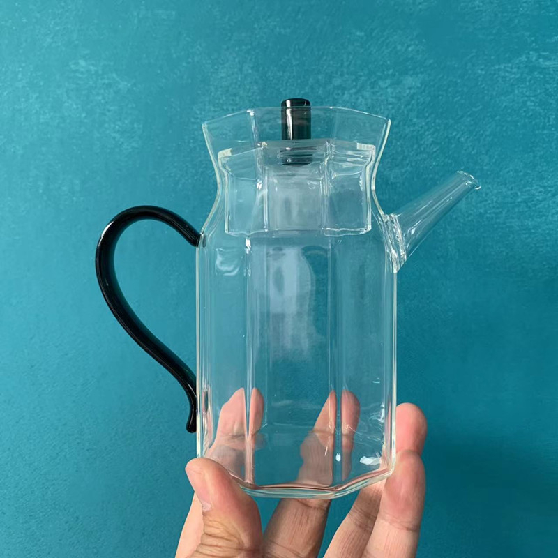 Ceainic din sticlă octagonal, în stilul Dinastiei Song, cu mâner, rezistent la temperaturi înalte, pentru ceai verde acasă și în scop comercial