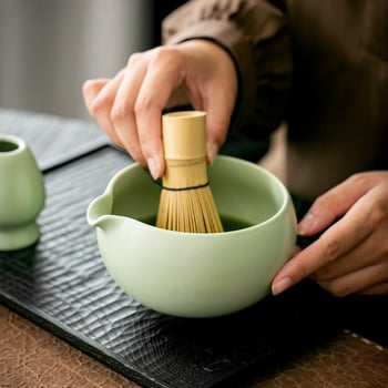 Vas ceramic pentru matcha în stil japonez, cu tel din bambus pentru matcha și pensulă, set ceremonial de ceai din dinastia Song