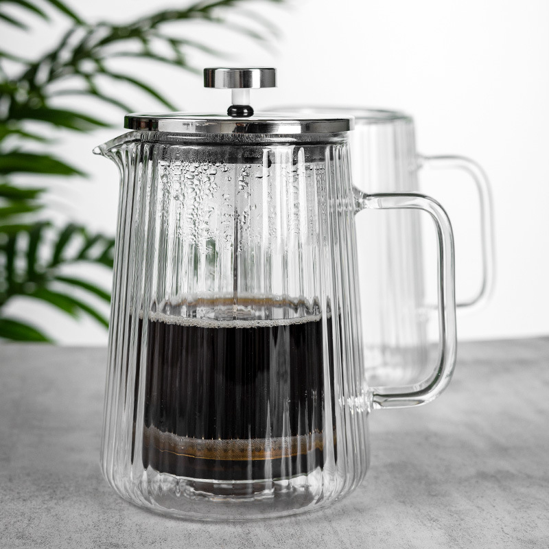 Presa franțuzească din sticlă cu pereți dubli, pentru uz casnic, cu infuzor de ceai, filtru și spumator de lapte, rezistentă la căldură