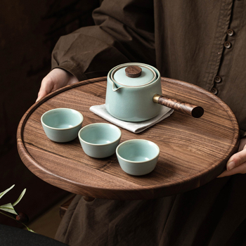Set ceainic cu mâner lateral Tianqing Ru Kiln, ceainic ceramic pentru casă și în aer liber, design creativ rotativ, include un ceainic și trei cești