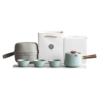 Set ceainic cu mâner lateral Tianqing Ru Kiln, ceainic ceramic pentru casă și în aer liber, design creativ rotativ, include un ceainic și trei cești