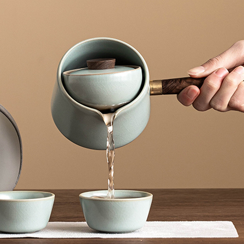 Set ceainic cu mâner lateral Tianqing Ru Kiln, ceainic ceramic pentru casă și în aer liber, design creativ rotativ, include un ceainic și trei cești