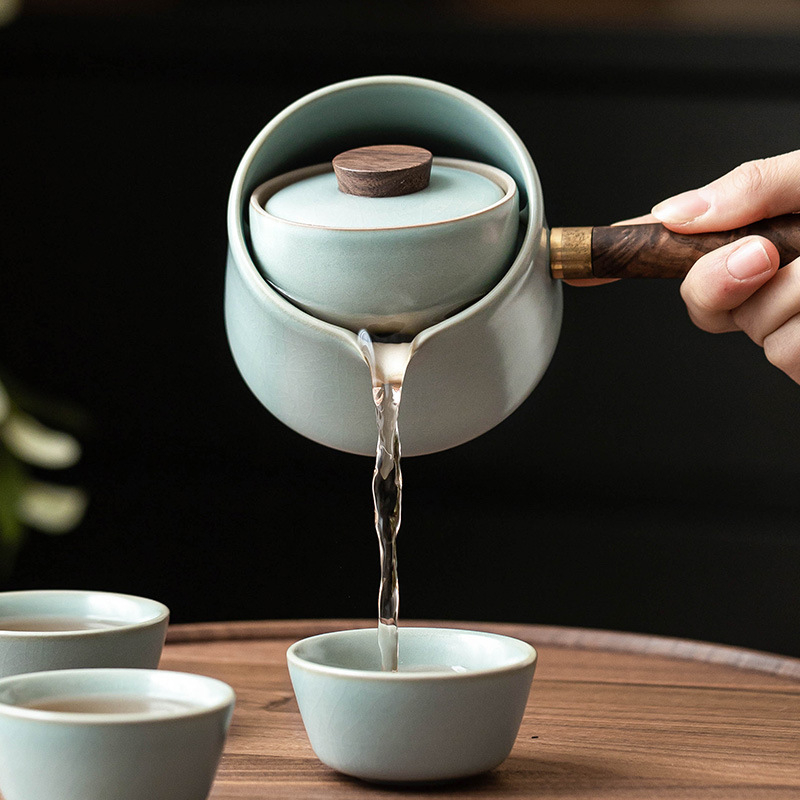 Set ceainic cu mâner lateral Tianqing Ru Kiln, ceainic ceramic pentru casă și în aer liber, design creativ rotativ, include un ceainic și trei cești