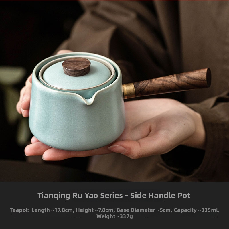 Set ceainic cu mâner lateral Tianqing Ru Kiln, ceainic ceramic pentru casă și în aer liber, design creativ rotativ, include un ceainic și trei cești