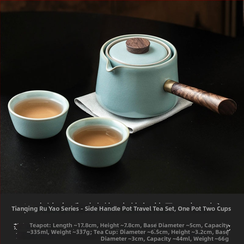 Set ceainic cu mâner lateral Tianqing Ru Kiln, ceainic ceramic pentru casă și în aer liber, design creativ rotativ, include un ceainic și trei cești