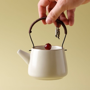 Set ceai Kung Fu Bej din ceramică, cu o oală și două cești, glazură crackle, pentru uz casnic