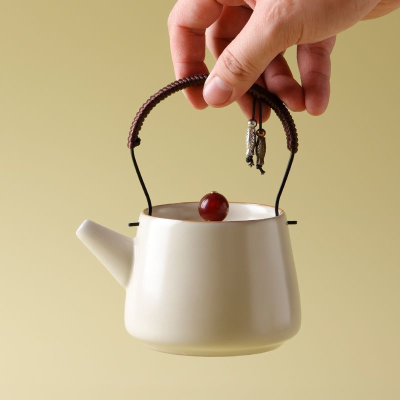 Set ceai Kung Fu Bej din ceramică, cu o oală și două cești, glazură crackle, pentru uz casnic
