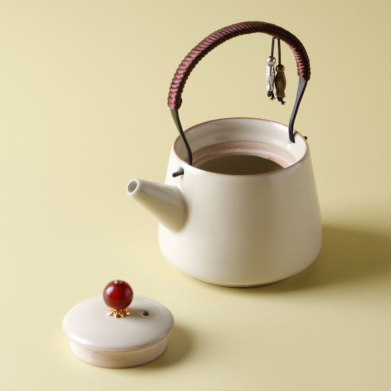 Set ceai Kung Fu Bej din ceramică, cu o oală și două cești, glazură crackle, pentru uz casnic