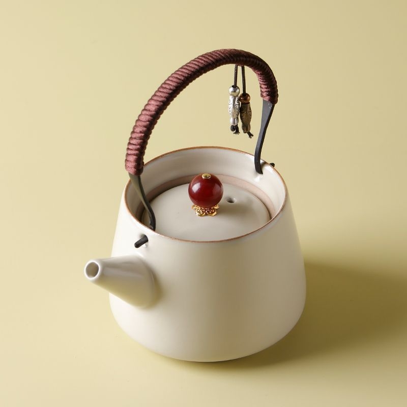 Set ceai Kung Fu Bej din ceramică, cu o oală și două cești, glazură crackle, pentru uz casnic