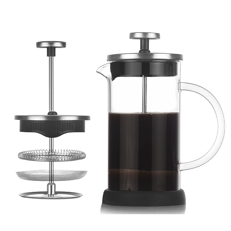 Cafetieră franceză din sticlă borosilikată transparentă, cu bază din silicon, rezistentă la căldură, pentru cafea și ceai