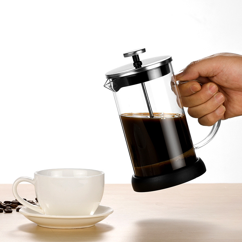 Cafetieră franceză din sticlă borosilikată transparentă, cu bază din silicon, rezistentă la căldură, pentru cafea și ceai