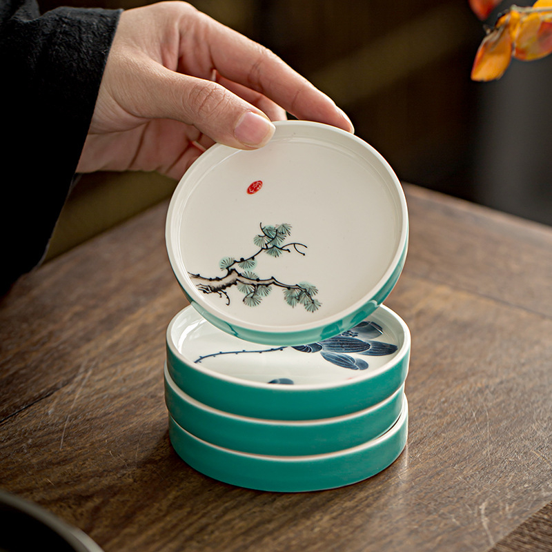 Suport ceramic pentru ceai cu pictură manuală turcoaz și suport pentru capacul ceștii – accesoriu pentru ceremonia de ceai Kung Fu