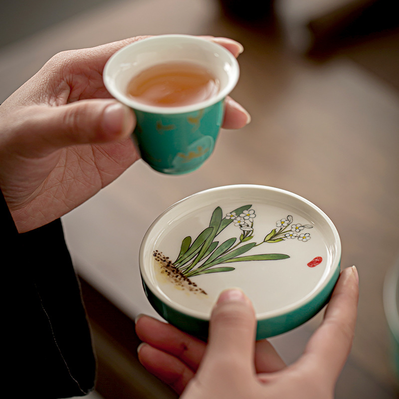 Suport ceramic pentru ceai cu pictură manuală turcoaz și suport pentru capacul ceștii – accesoriu pentru ceremonia de ceai Kung Fu