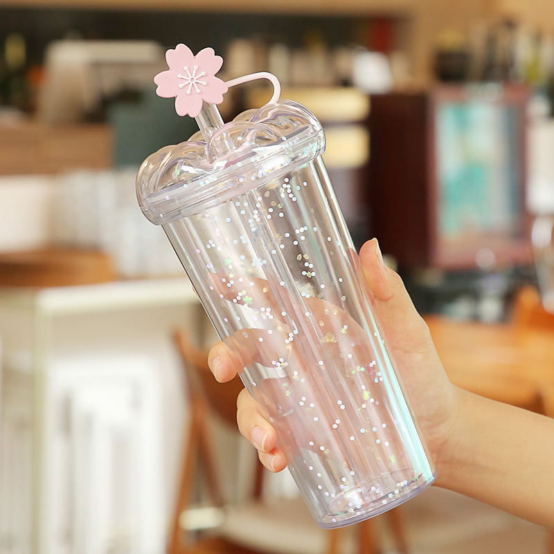 Pahar cu pai, în stil coreean, capac în formă de petală, design floare de cireș, din plastic, portabil pentru ceai cu lapte