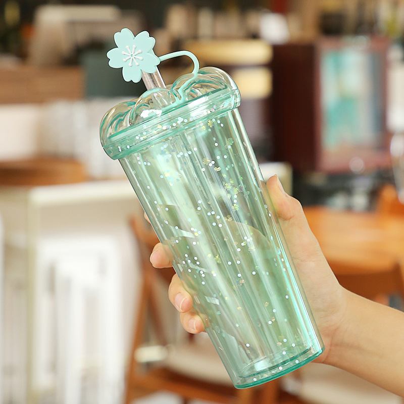 Pahar cu pai, în stil coreean, capac în formă de petală, design floare de cireș, din plastic, portabil pentru ceai cu lapte