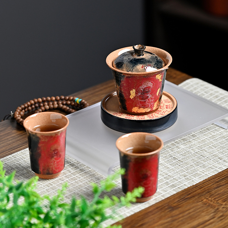 În stil Dunhuang, pictat manual, cu margine aurie, bol cu capac pentru ceai, ceramică de înaltă calitate, glazură crăpată