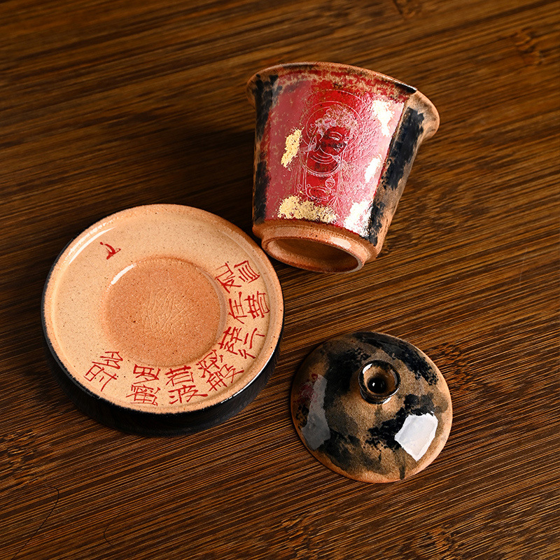 În stil Dunhuang, pictat manual, cu margine aurie, bol cu capac pentru ceai, ceramică de înaltă calitate, glazură crăpată