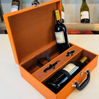 Cutie cadou pentru vin roșu cu două sticle, ambalaj din piele, portocaliu