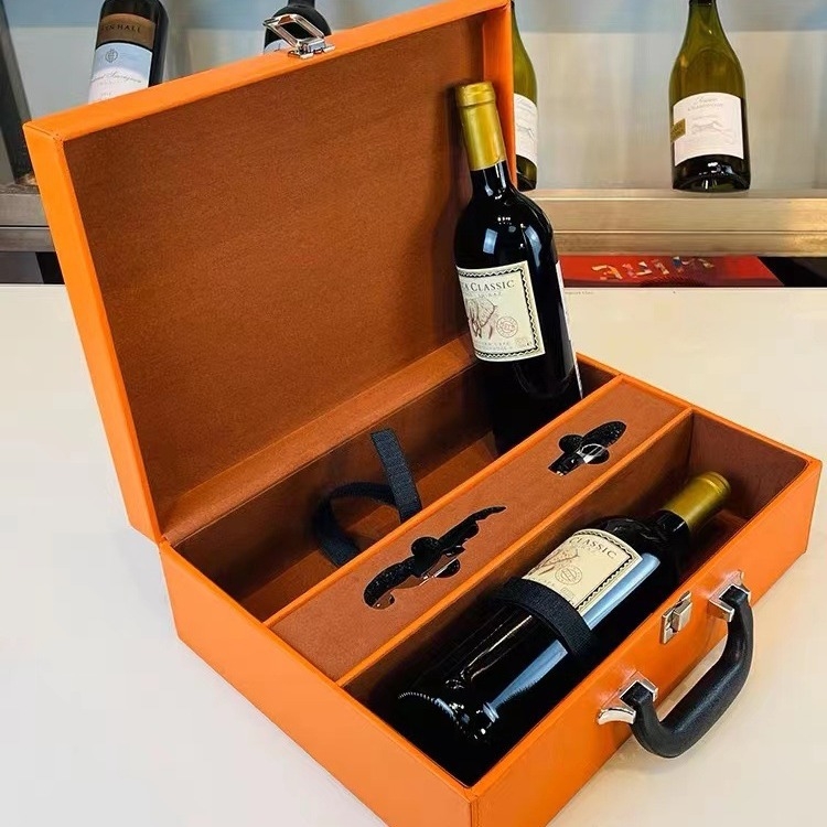 Cutie cadou pentru vin roșu cu două sticle, ambalaj din piele, portocaliu
