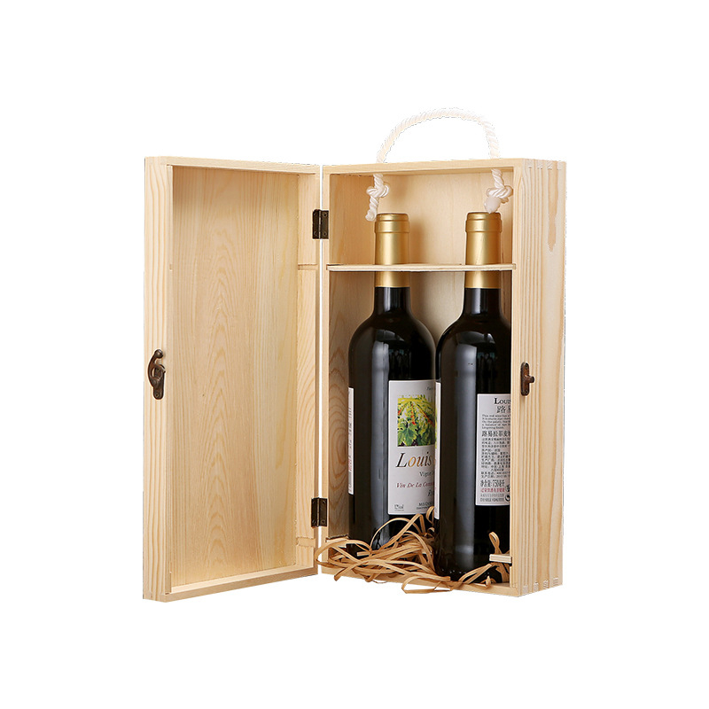 Cutie din lemn de pin pentru vin, 1–2 sticle, cutie cadou cu mâner