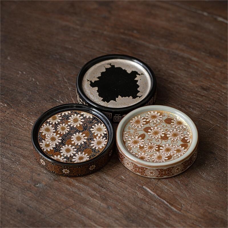 Suport rotund ceramic izolant, lucrat manual, cu finisaj aur-argintiu, pentru ceainic Yixing, cu suport pentru capac
