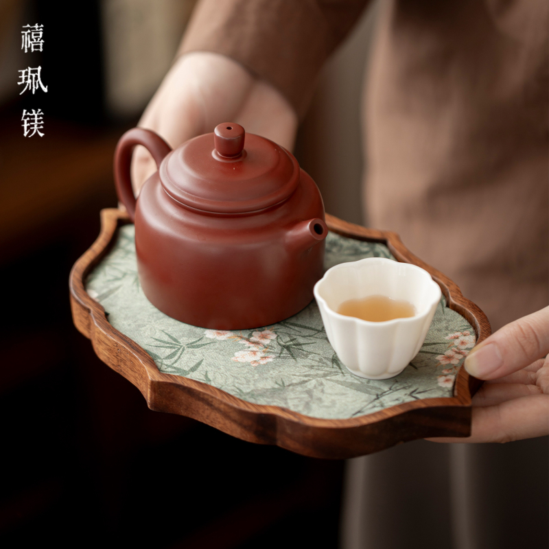Jubilee Magnesium Walnut Tăviță din lemn masiv de nuc, pentru ceainic, stil vintage chinezesc, măiestrie manuală, suprafață impermeabilă pentru ceai cu pernă izolatoare termică