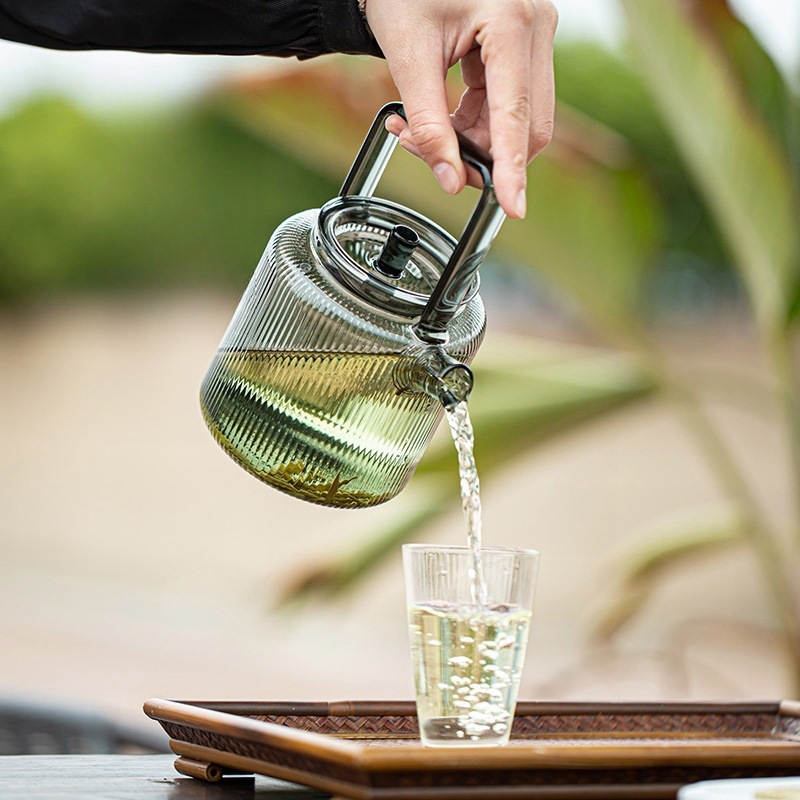 Ceainic din sticlă transparent multicolor pentru ceai verde, rezistent la căldură, stil chinezesc, cu mâner și filtru pentru infuzare la rece