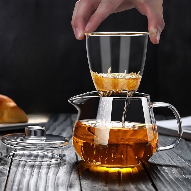 Ceainic pentru ceai de flori, din sticlă borosilicată înaltă, vas unic, rezistent la temperaturi, gros, separare ceai-apă