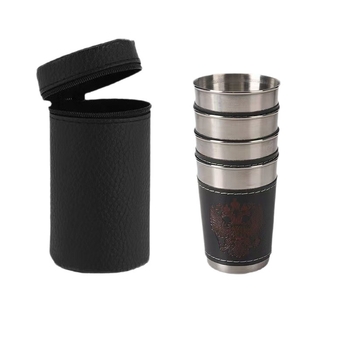Set de patru pahare din oțel inoxidabil, cu husă cu fermoar, capacități de 30/70/170 ml, pentru camping în aer liber