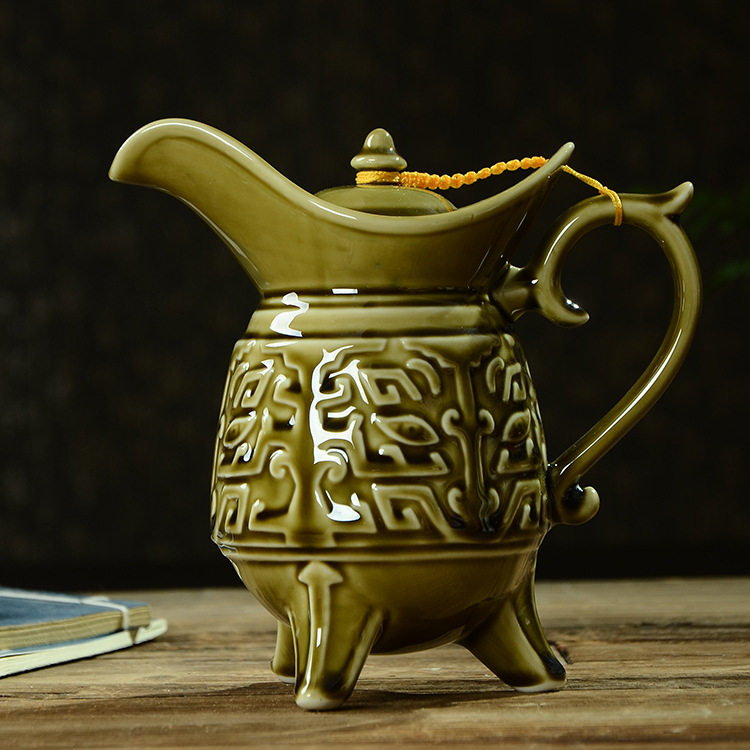 Set ceramic în stil antic pentru băuturi, cu recipient de alb distilat și recipient de vin galben, capacitate mare, cu pahare