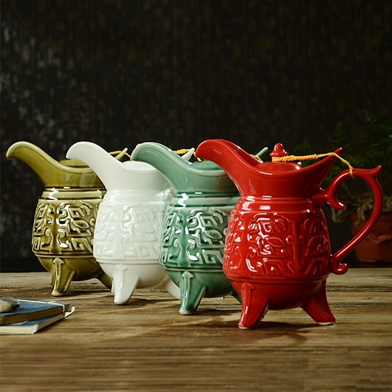 Set ceramic în stil antic pentru băuturi, cu recipient de alb distilat și recipient de vin galben, capacitate mare, cu pahare