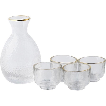 Set saké din sticlă, stil japonez, cu textură ciocănită, carafă de saké și patru pahare