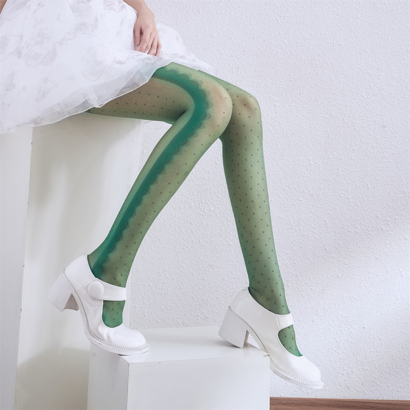 Crne čarape s bočnom čipkom, čipka nalik na trepavice, jacquard paneli, Lolita inspiracija