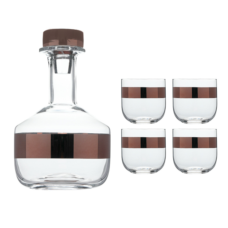Decantor din sticlă cu placare cu cupru, formă conică, set pahare pentru vin roșu și whiskey