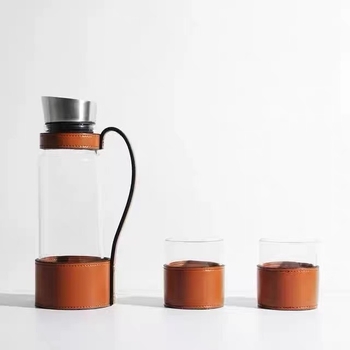 Ceainic de apă din sticlă cu înveliș din piele, design modern minimalist