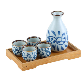 Set japonez din ceramică pentru vin, cu pahare și oală de vin și divizor de turnare, stil antic, culoare sub glazură