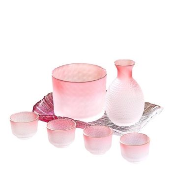 Set de sake în stil japonez cu textură ciocănită, încălzitor din sticlă, oală pentru sake și căni mici
