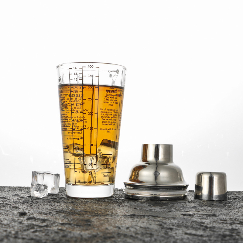 Shaker din sticlă cu scară de măsurare, shaker Boston cu trei secțiuni pentru cocktailuri