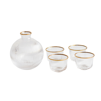 Set de sake din sticlă, stil japonez, dungi verticale, transparent cu margine aurie — 1 carafă de sake și 4 pahare