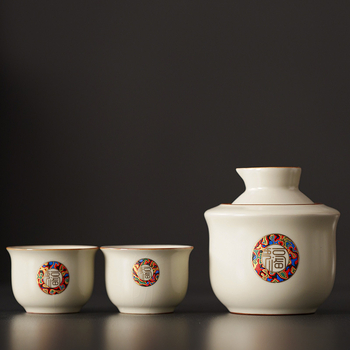 Set ceramic pentru încălzire vin acasă, cu pahar de sake, stil Ru Kiln albastru și alb