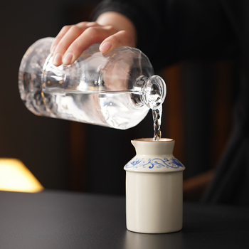 Set ceramic pentru încălzire vin acasă, cu pahar de sake, stil Ru Kiln albastru și alb