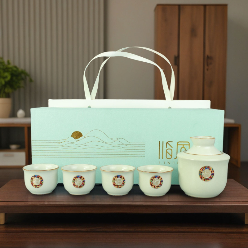 Set ceramic pentru încălzire vin acasă, cu pahar de sake, stil Ru Kiln albastru și alb