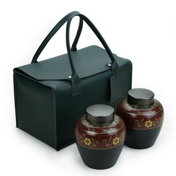 Container ceramic pentru ceai cu capac etanș, husă din piele, în cutie cadou pentru ceai negru, ceai verde și Pu'er.