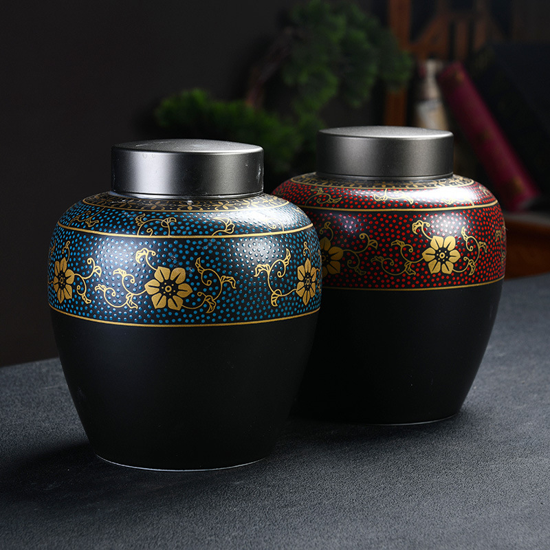 Container ceramic pentru ceai cu capac etanș, husă din piele, în cutie cadou pentru ceai negru, ceai verde și Pu'er.