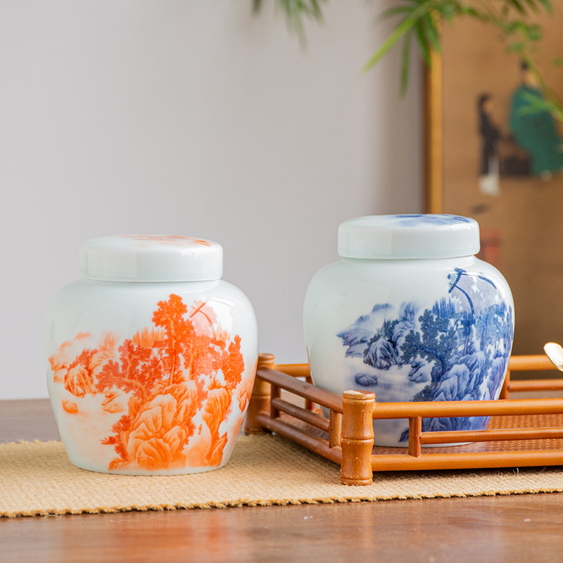 Set cadou din ceramică albastru-alb pentru ceai, cu două canistre de depozitare, cutie de prezentare, pentru ceai negru și ceai verde, gravură disponibilă.