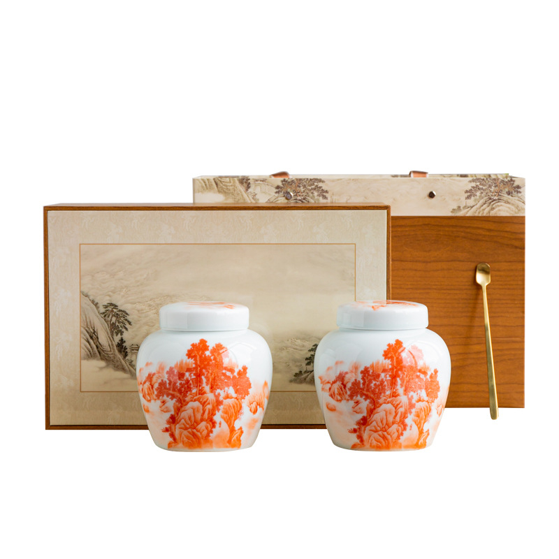 Set cadou din ceramică albastru-alb pentru ceai, cu două canistre de depozitare, cutie de prezentare, pentru ceai negru și ceai verde, gravură disponibilă.